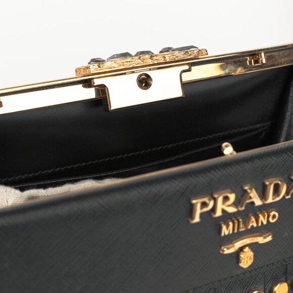 Prada Nero Saffiano Leather Studded Fringe Frame Shoulder Bag - Picture 12 of 14